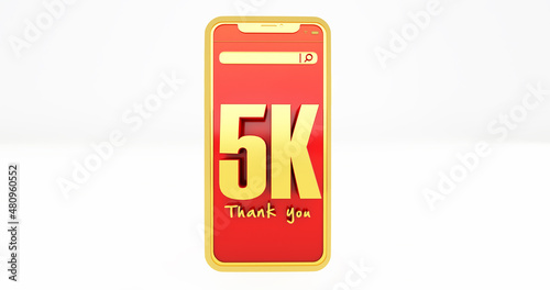 3D render of golden 5k numbers above a smartphone. Thanks 5k social media supporters.