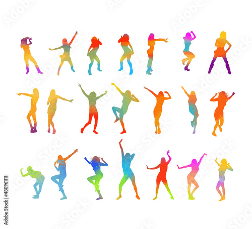 Dancing colorful girls. Set of rainbow silhouettes. Vector illustration