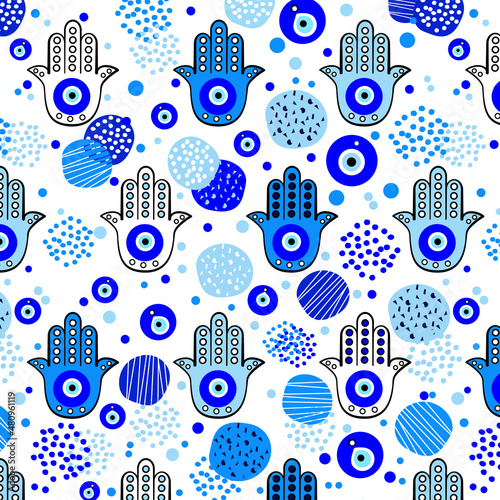 Hamsa hand or hand of Fatima with an evil eye (nazar). Blue and white vector seamless pattern. 