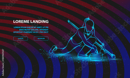 Curling winter sport. Girl holds curling stone. Vector Sport Background for Landing Page Template.