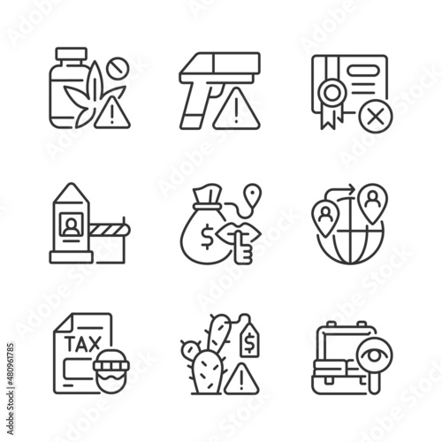 Illicit import and its prevention linear icons set. Weapon trade. Goods smuggling. Customizable thin line contour symbols. Isolated vector outline illustrations. Editable stroke. Pixel perfect