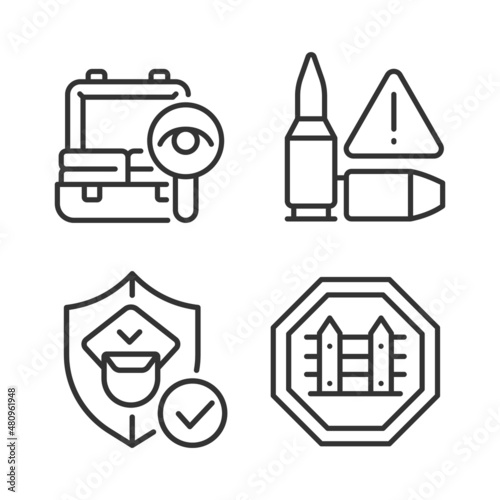 Checkpoint examination linear icons set. Border security. Weapon moving prevention. Customizable thin line contour symbols. Isolated vector outline illustrations. Editable stroke. Pixel perfect
