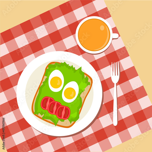 Delicious and healthy food. Breakfast, a cup of tea, an egg and a sandwich with cheese and tomatoes. Vector illustration