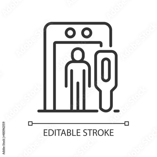 Airport border security linear icon. Illicit crossing prevention. Thin line customizable illustration. Contour symbol. Vector isolated outline drawing. Editable stroke. Pixel perfect. Arial font used