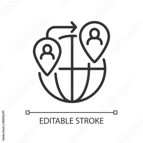 People smuggling linear icon. Illegal human trafficking. Thin line customizable illustration. Contour symbol. Vector isolated outline drawing. Editable stroke. Pixel perfect. Arial font used