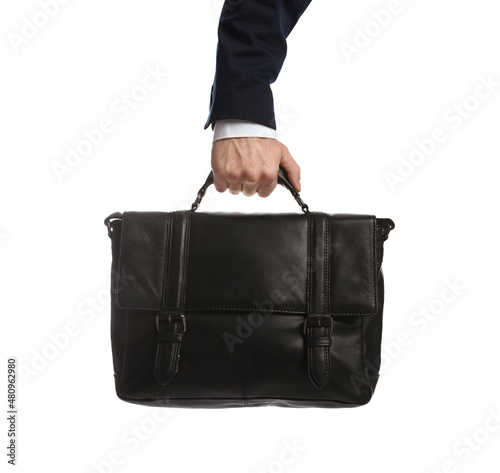 Man holding stylish leather briefcase on white background, closeup