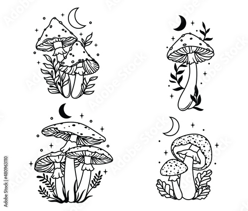 Set of mushrooms with crystals. Collection of magical plants. Witchcraft items. Mystical elements.Vector illustration of halloween object.