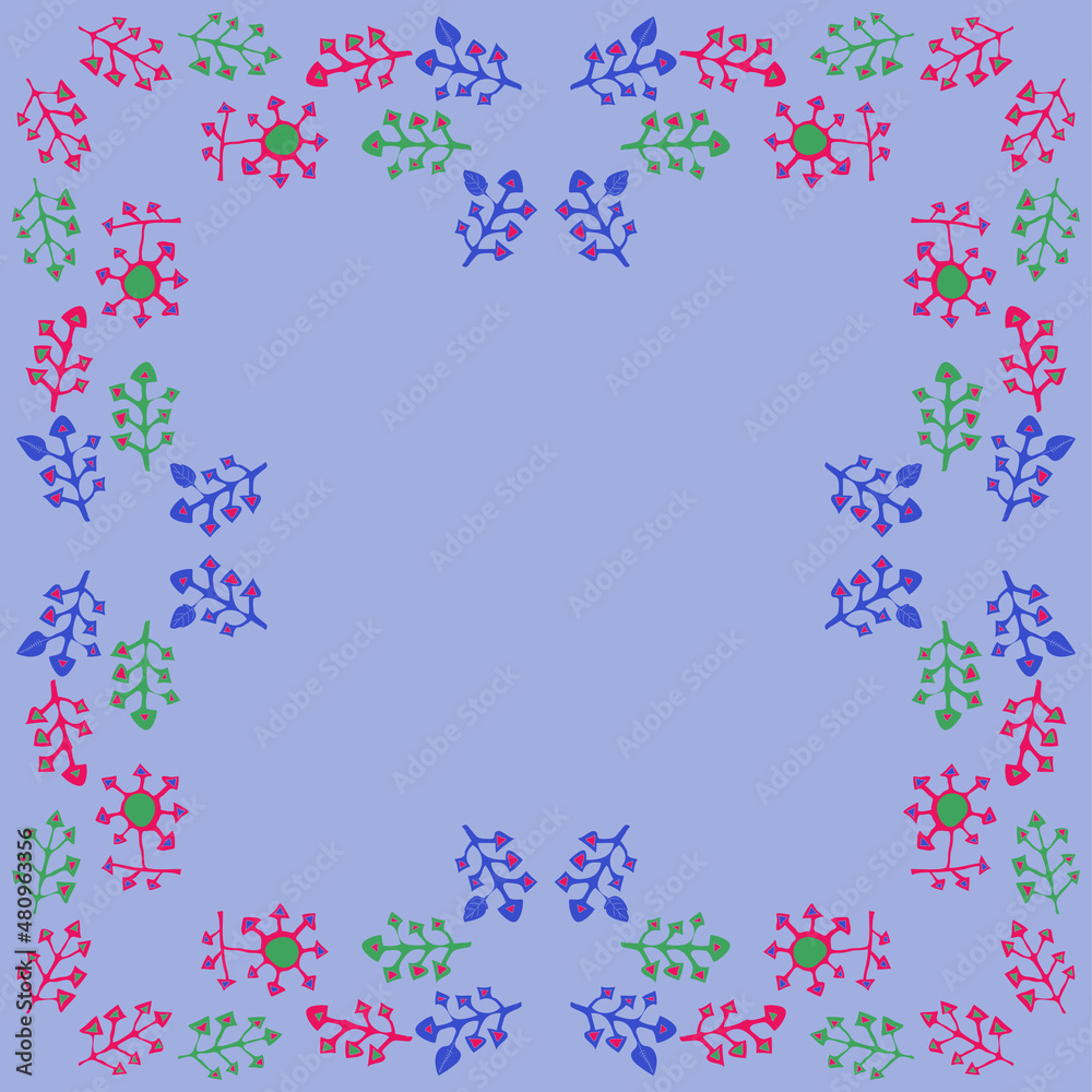 Decorative  colored branches with triangle seeds. Hand drawn.