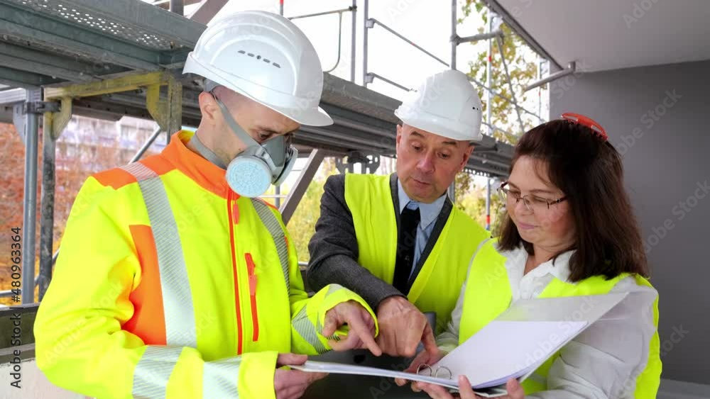 Two men, an architect and construction engineer, foreman and one woman inspect the performance of project, a construction site of a multi-storey house, building in progress Two men, an architect and construction engineer, foreman and one woman inspect the performance of project, a construction site of a multi-storey house, building in progress