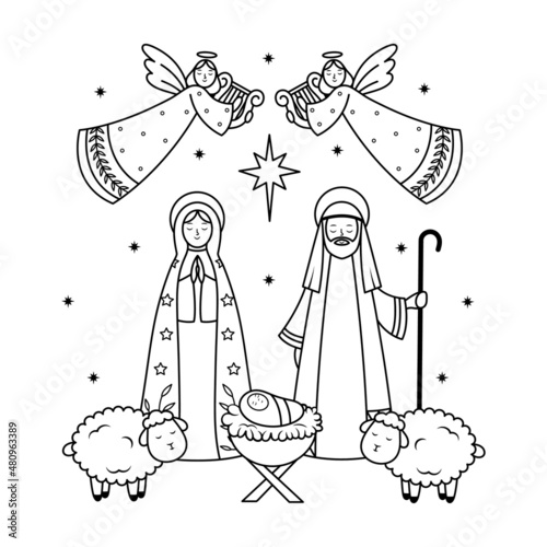 Illustration of holy Christmas scene. Silhouettes traditional christian characters holy night. Family holidays. Sacred elements for holiday cards. Birth of Jesus.