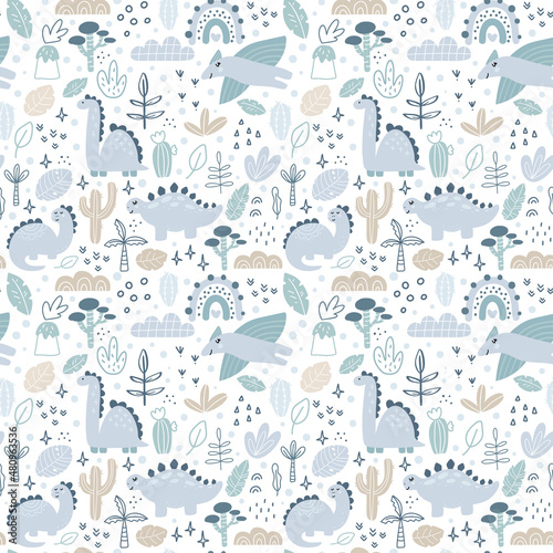 Vector childish seamless pattern with hand drawn baby dino in scandinavian style. Creative kids boy background for fabric, textile