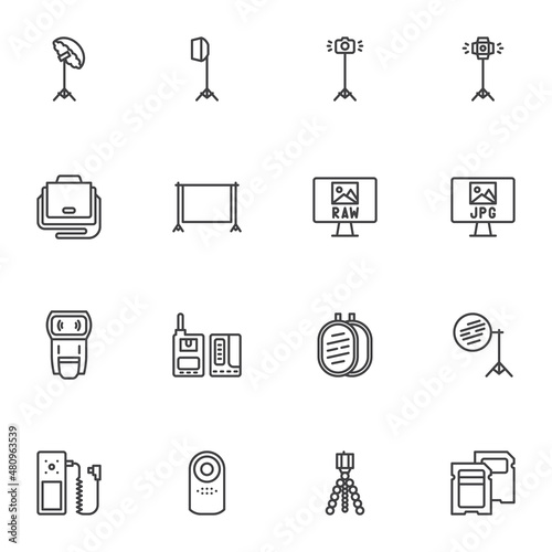 Photography equipment line icons set