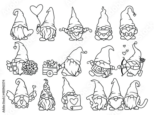 Set of Valentine's garden gnomes. Collection of lovely gnomes with hearts. Gnome couple with funny hats. Romantic cute elves. Illustration of holidays dwarf. Love symbol.