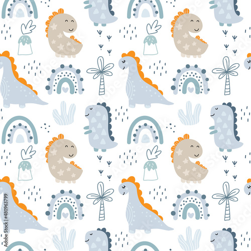 Vector childish seamless pattern with hand drawn dino in scandinavian style baby boy. Creative kids background for fabric, textile