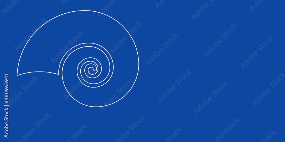 A large white outline marine nautilus symbol on the left. Designed as thin white lines. Vector illustration on blue background A large white outline marine nautilus symbol on the left. Designed as thin white lines. Vector illustration on blue background