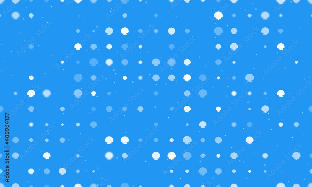 Seamless background pattern of evenly spaced white sea shell symbols of different sizes and opacity. Vector illustration on blue background with stars