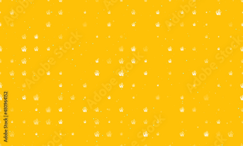 Seamless background pattern of evenly spaced white seaweed symbols of different sizes and opacity. Vector illustration on amber background with stars