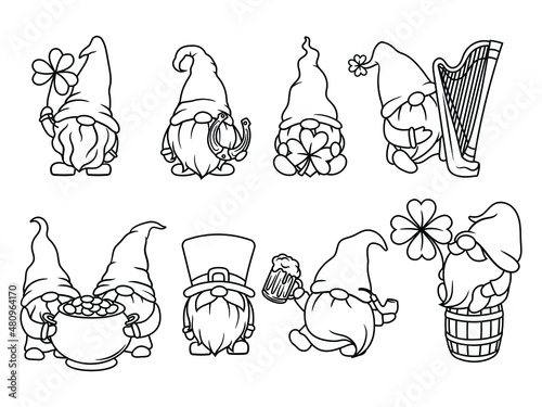 Set of irish garden gnomes. Collection of St. Patrick's Day Gnomes with shamrock and horseshoe. Couple of garden elves with сlover. Colorful illustration for festive postcard.
