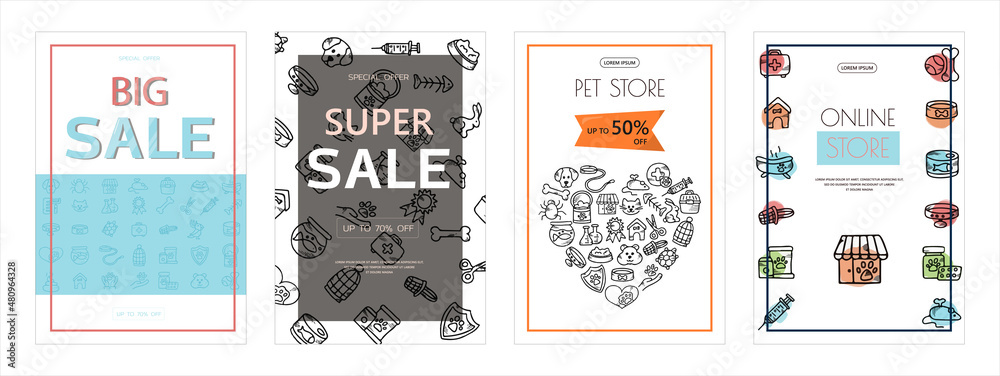 Doodle vector pet banners. Icons for the pet store, nursery. Hand drawn sketch illustration of dog and pet accessories elements bone, food, leash, training, caring, grooming a dog