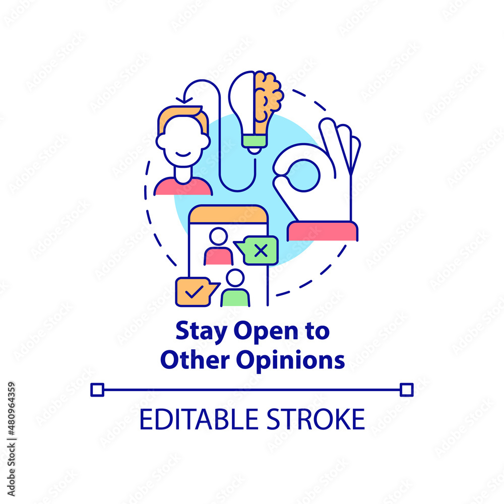 Stay open to other opinions concept icon. Business transparency abstract idea thin line illustration. Isolated outline drawing. Editable stroke. Roboto-Medium, Myriad Pro-Bold fonts used