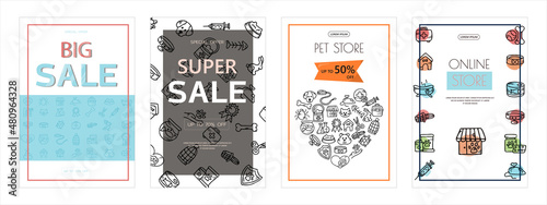 Doodle vector pet banners. Icons for the pet store, nursery. Hand drawn sketch illustration of dog and pet accessories elements bone, food, leash, training, caring, grooming a dog