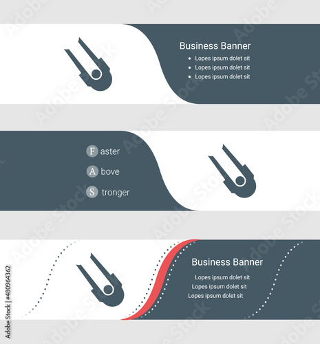 Set of blue grey banner, horizontal business banner templates. Banners with template for text and solo bobsleigh symbol. Classic and modern style. Vector illustration on grey background