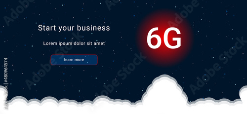Business startup concept Landing page screen. The 6G symbol on the right is highlighted in bright red. Vector illustration on dark blue background with stars and curly clouds from below