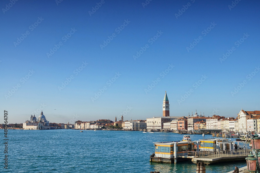 Panoramic view of Venice historical city centre, Riva degli Schiavoni waterfront. Venice, Italy - january 2022