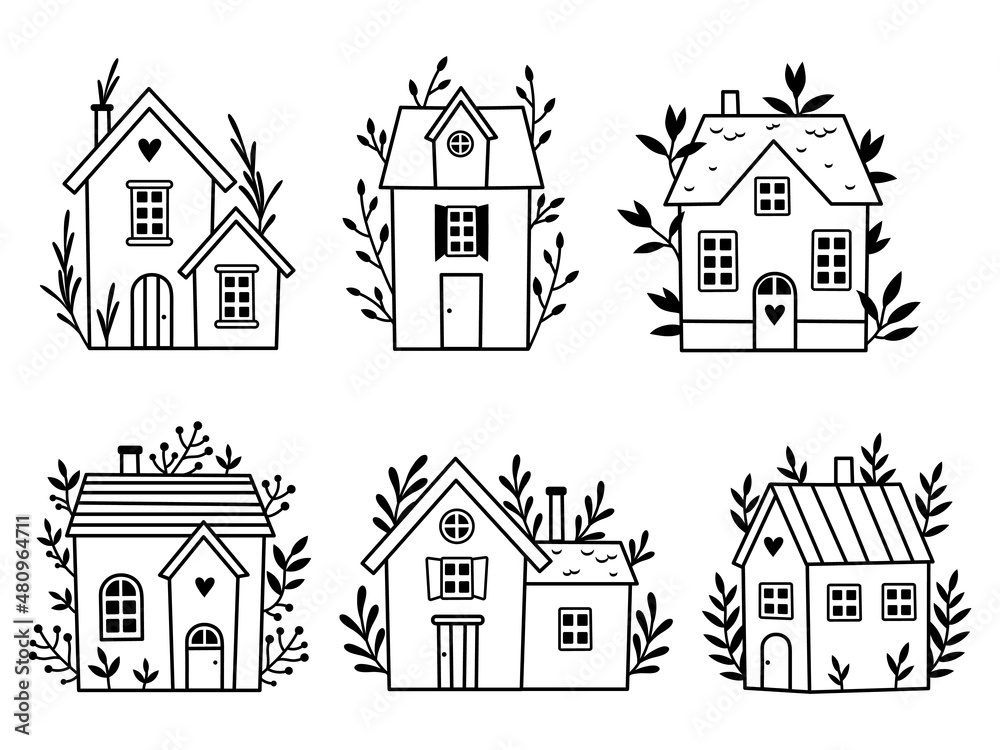 Set of different little house. Collection of scandinavian houses with tree, laurel branch. Logo for realtors. Vector illustration of tini house on a white background.
