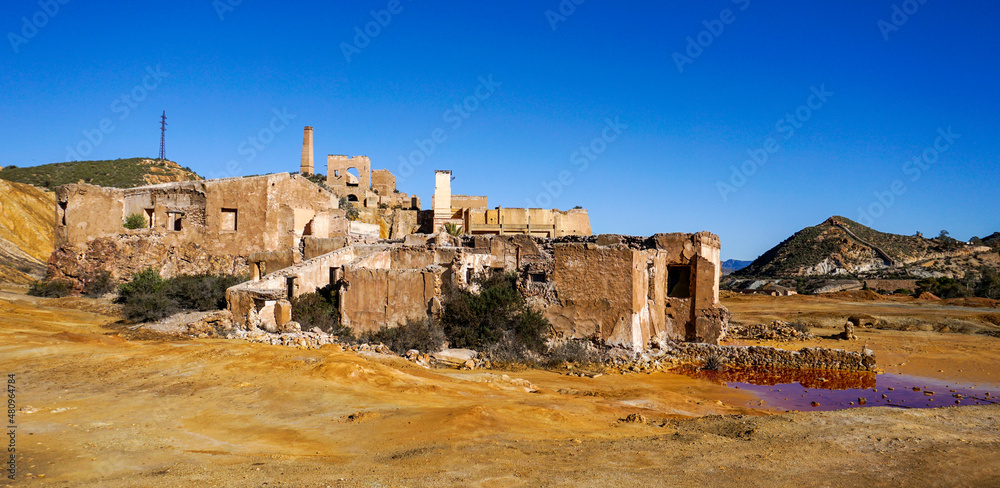 panorama view of abandoned buildings and mines in Mazarron in southern Spain