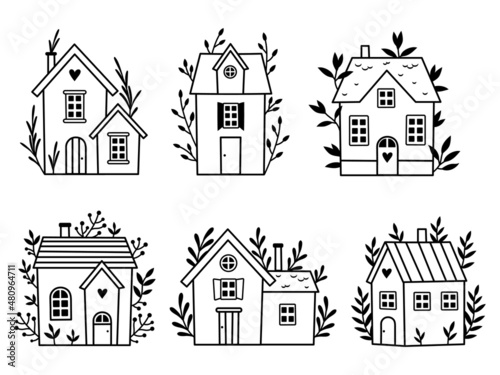 Set of different little house. Collection of scandinavian houses with tree, laurel branch. Logo for realtors. Vector illustration of tini house on a white background.
