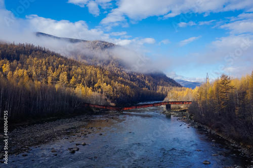 Destroyed bridge across the river in the Trans Baikal Territory