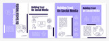 Trust on social media purple brochure template. Company online. Booklet print design with linear icons. Vector layouts for presentation, annual reports, ads. Anton-Regular, Lato-Regular fonts used