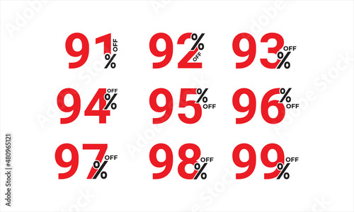 Discount sale off tag, 91, 92, 93, 94, 95, 96, 97, 98 and 99 percent off. Sale tags set vector badges template. Sale offer price sign. Special offer symbol. Discount promotion. Vector illustration