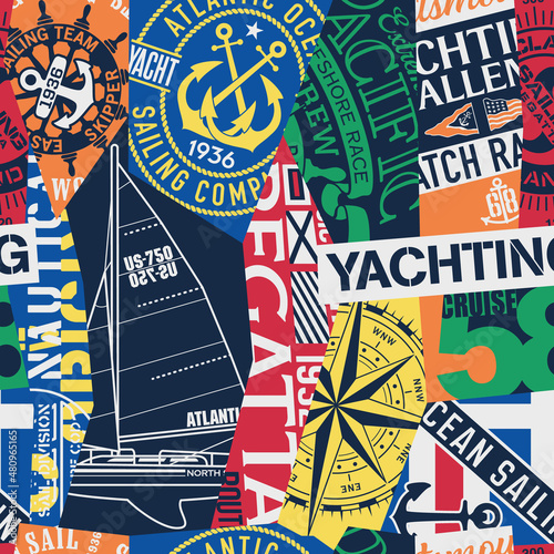 Vintage nautical style marine sailing elements vector seamless pattern patchwork 