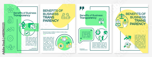 Business openness improve green and yellow brochure template. Booklet print design with linear icons. Vector layouts for presentation, annual reports, ads. Questrial-Regular, Lato-Regular fonts used