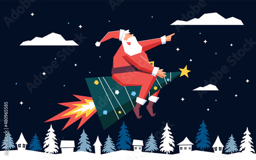 Funny Santa flat vector illustration a Christmas tree