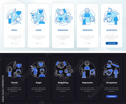 Divorce stages night and day mode onboarding mobile app screen. Mental walkthrough 5 steps graphic instructions pages with linear concepts. UI, UX, GUI template. Myriad Pro-Bold, Regular fonts used