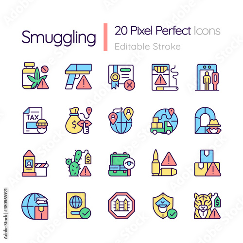 Smuggling RGB color icons set. Illegal import and export. Isolated vector illustrations. Simple filled line drawings collection. Editable stroke. Pixel perfect. Quicksand-Light font used