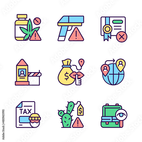 Illicit import and its prevention RGB color icons set. Fraudulent activity. Goods smuggling. Isolated vector illustrations. Simple filled line drawings collection. Editable stroke. Pixel perfect