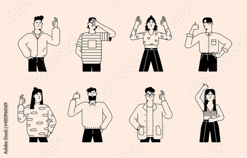 People gesturing OK with hand. Happy men and women showing okay sign with fingers. Line art style characters with thumbs up, expressing approval, saying yes. Isolated flat vector illustrations