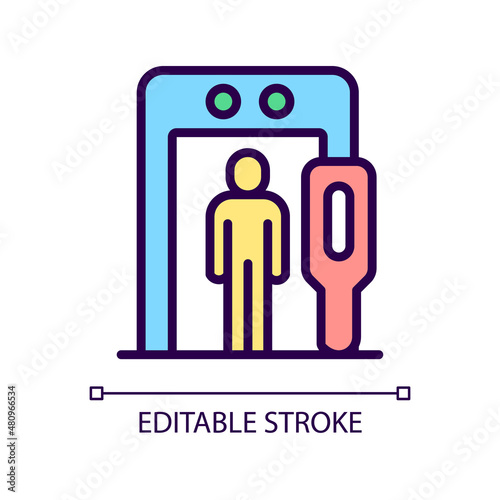 Airport border security RGB color icon. Metal detector. Illicit border crossing prevention. Isolated vector illustration. Simple filled line drawing. Editable stroke. Pixel perfect. Arial font used