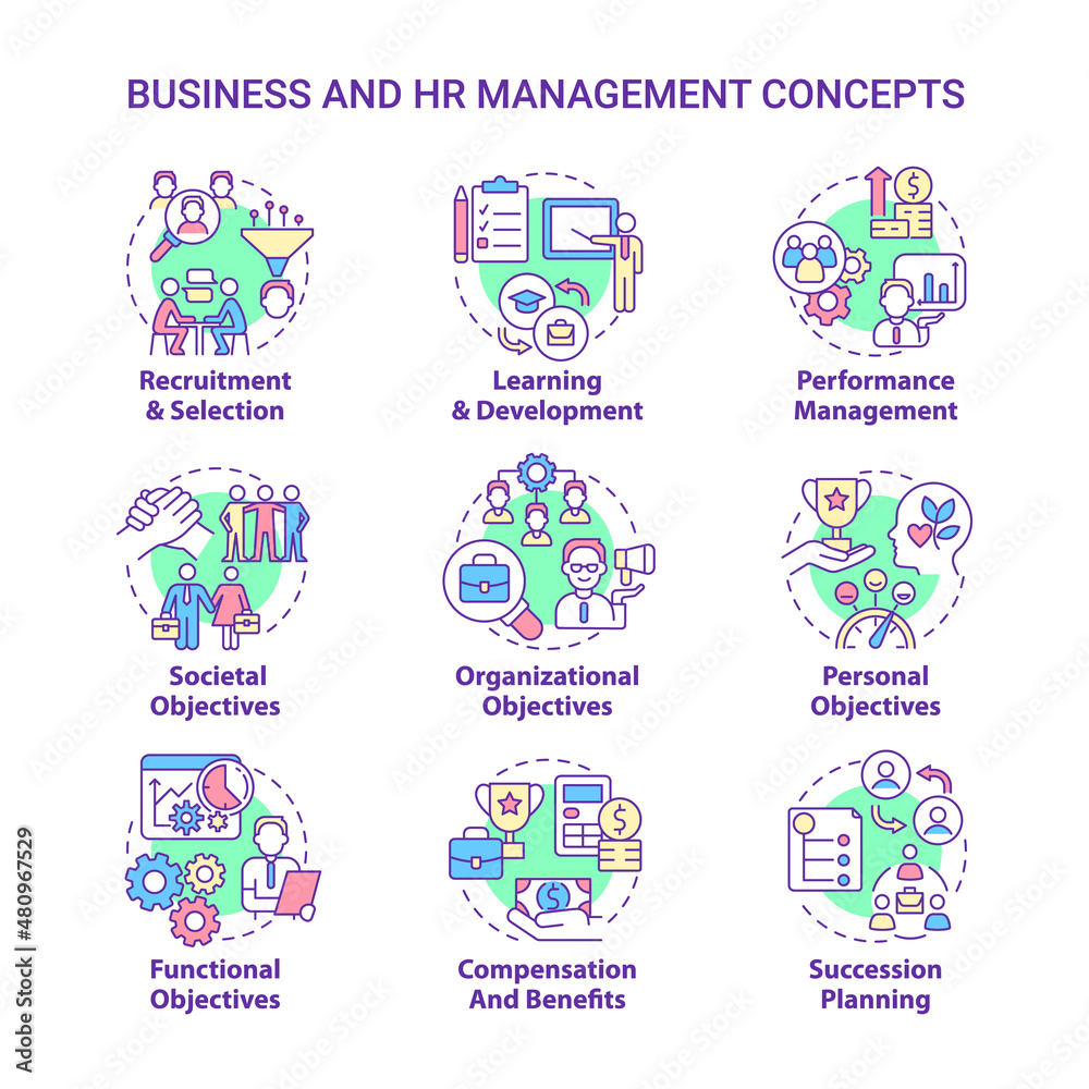 HR and business management concept icons set. Human resource department duties idea thin line color illustrations. Isolated outline drawings. Editable stroke. Roboto-Medium, Myriad Pro-Bold fonts used HR and business management concept icons set. Human resource department duties idea thin line color illustrations. Isolated outline drawings. Editable stroke. Roboto-Medium, Myriad Pro-Bold fonts used
