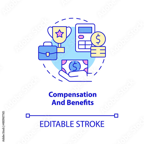 Compensation and benefits concept icon. Salary and rewards. HR management abstract idea thin line illustration. Isolated outline drawing. Editable stroke. Roboto-Medium, Myriad Pro-Bold fonts used