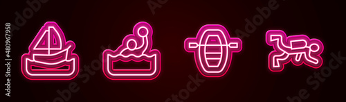 Set line Yacht sailboat, Water polo, Boat with oars and Scuba diver. Glowing neon icon. Vector