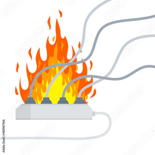 Electrical wiring. Damaged Socket with flame. The smoke from the device. Compliance with fire safety. Set of many Cables. Cartoon flat illustration