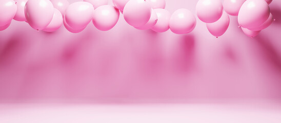Pink party balloons fly on pastel studio background. Valentines day, wedding, birthday, anniversary, baby shower celebration creative decor.