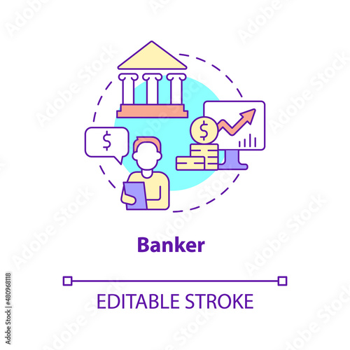 Fototapeta Naklejka Na Ścianę i Meble -  Banker concept icon. Financial assistance. Business management careers abstract idea thin line illustration. Isolated outline drawing. Editable stroke. Roboto-Medium, Myriad Pro-Bold fonts used