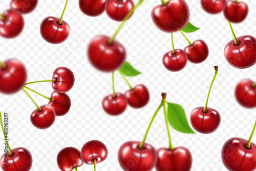 Flying red cherry background. Realistic 3d quality vector. Collection set of Cherries isolated on a white background
