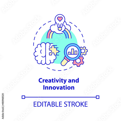Creativity and innovation concept icon. Business management skills abstract idea thin line illustration. Isolated outline drawing. Editable stroke. Roboto-Medium, Myriad Pro-Bold fonts used